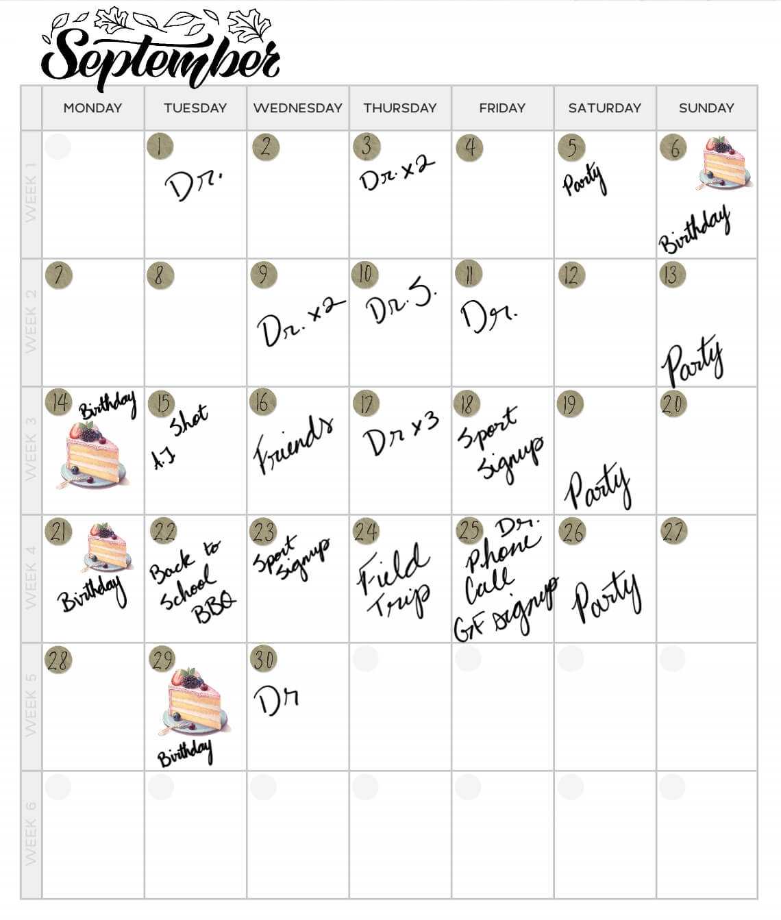 showing full calendar schedule